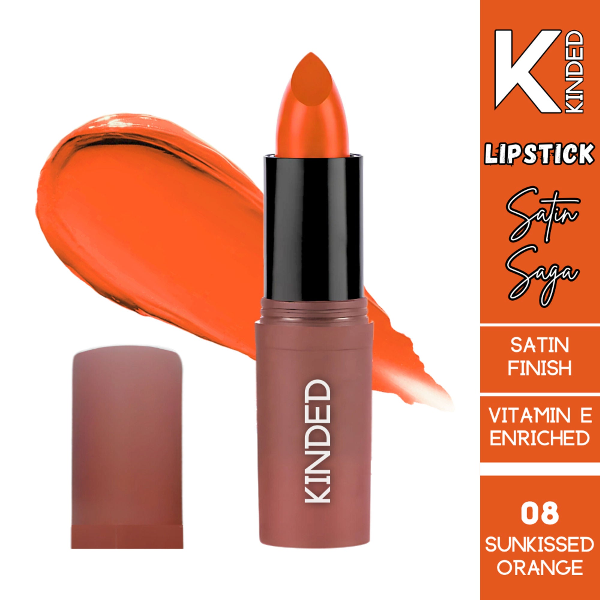 KINDED Satin Saga Bullet Creamy Lipstick With Satin Finish & Vitamin E - 08 Sunkissed Orange