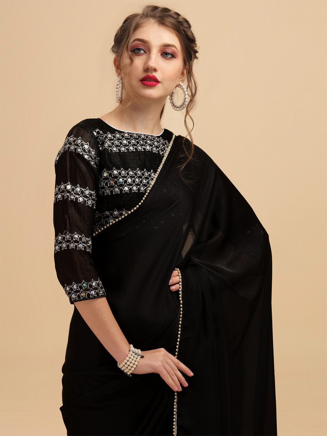 Sangria Pearl Border Detail Saree With Embroidered Blouse - Distacart