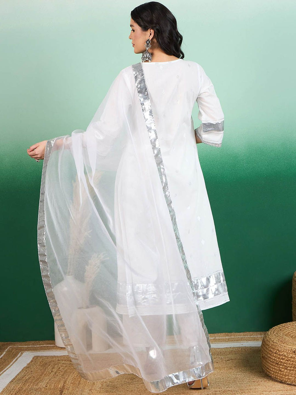 Sangria White Ethnic Motifs Printed Angrakha Kurta With Trouser & Dupatta