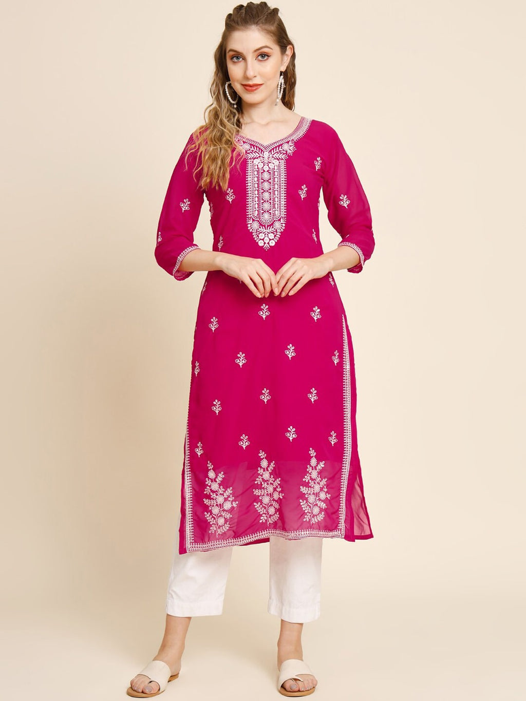 HERE&NOW Ethnic Motifs Embroidered Thread Work Georgette Kurta