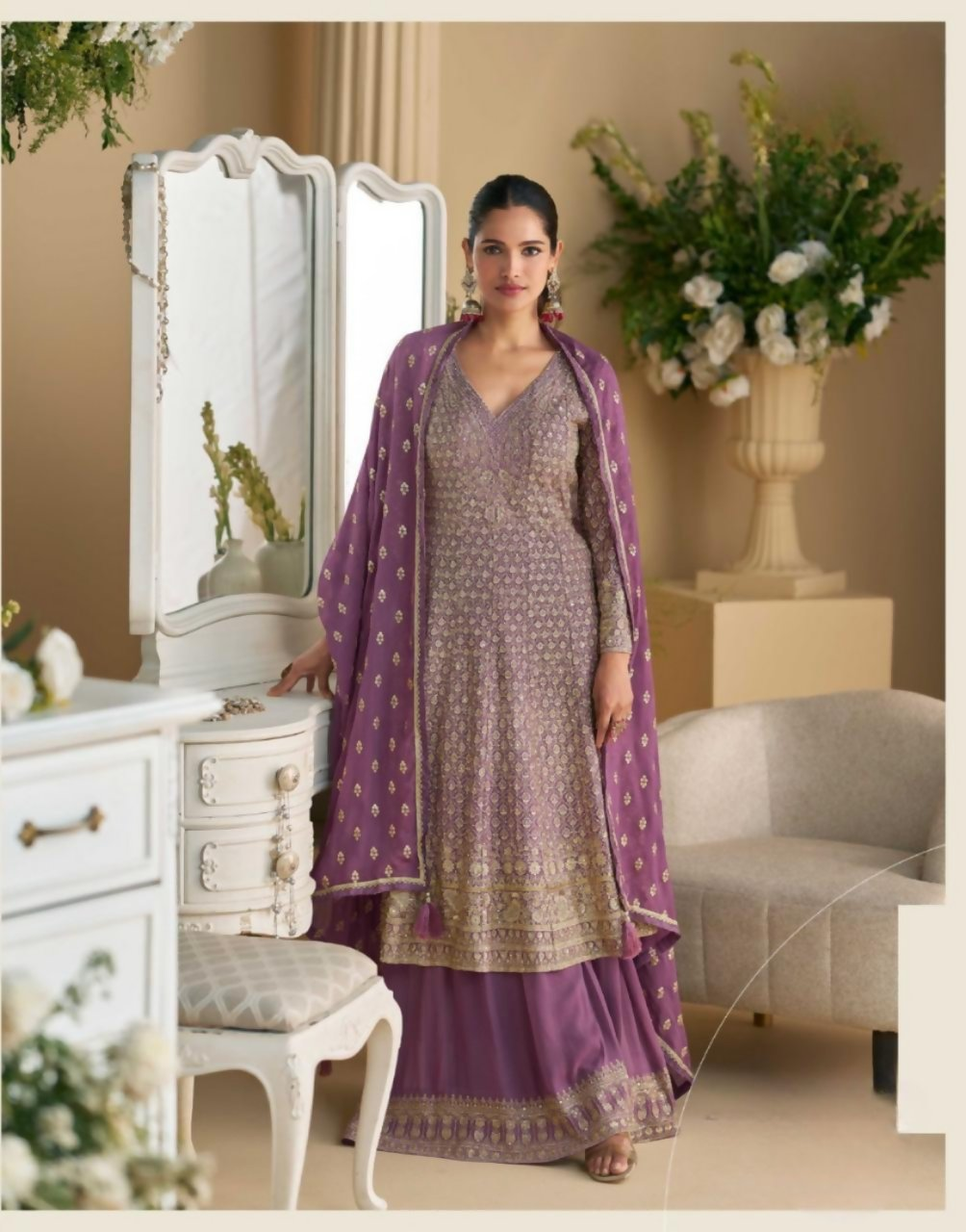 Anaita Lavender Heavy Georgette Stitched Suit with Sequence & Diamond work - Distacart