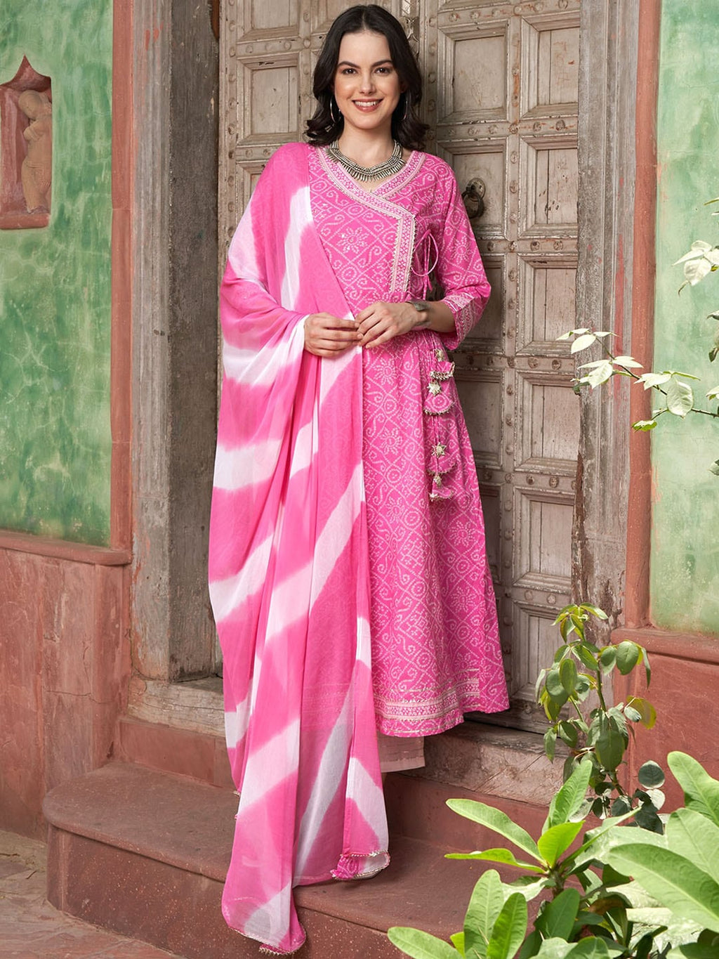 Sangria Pink Bandhani Printed Angrakha Mirror Work Pure Cotton Kurta Set