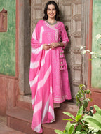 Sangria Pink Bandhani Printed Angrakha Mirror Work Pure Cotton Kurta Set