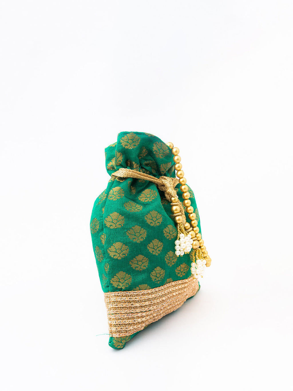 NR By Nidhi Rathi Green & Gold-Toned Banarasi Printed Potli Clutch - Distacart