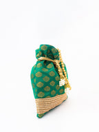 NR By Nidhi Rathi Green & Gold-Toned Banarasi Printed Potli Clutch - Distacart