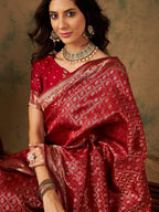 Sangria Red & Gold Toned Ethnic Motifs Woven Design Zari Banarasi Saree - Distacart