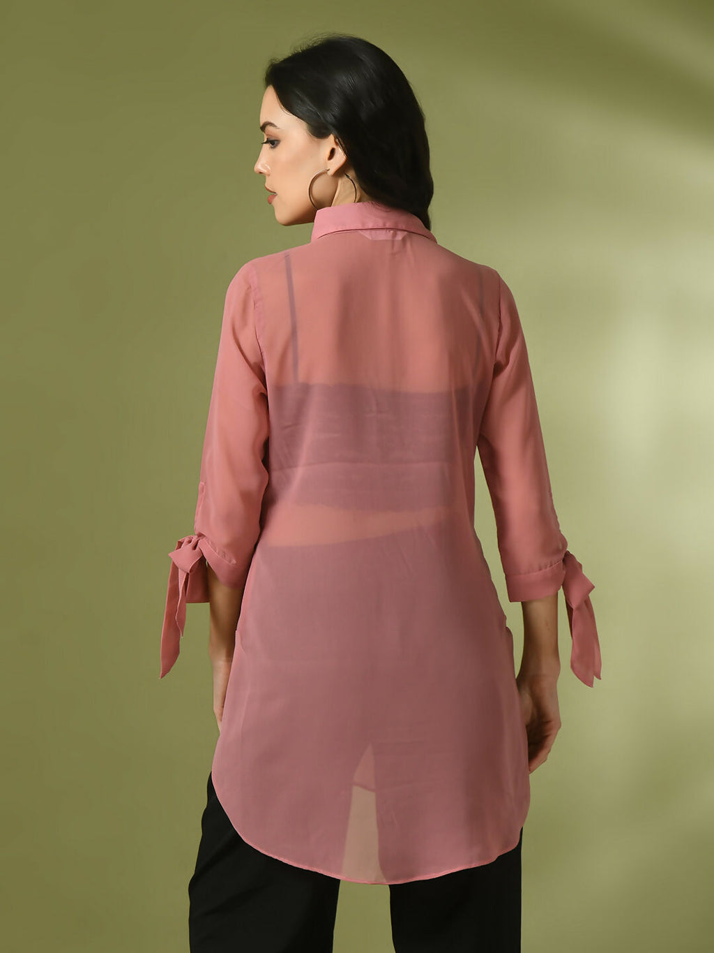 Myshka Women's Pink Solid Georgette Longline Party Sheer Tunic
