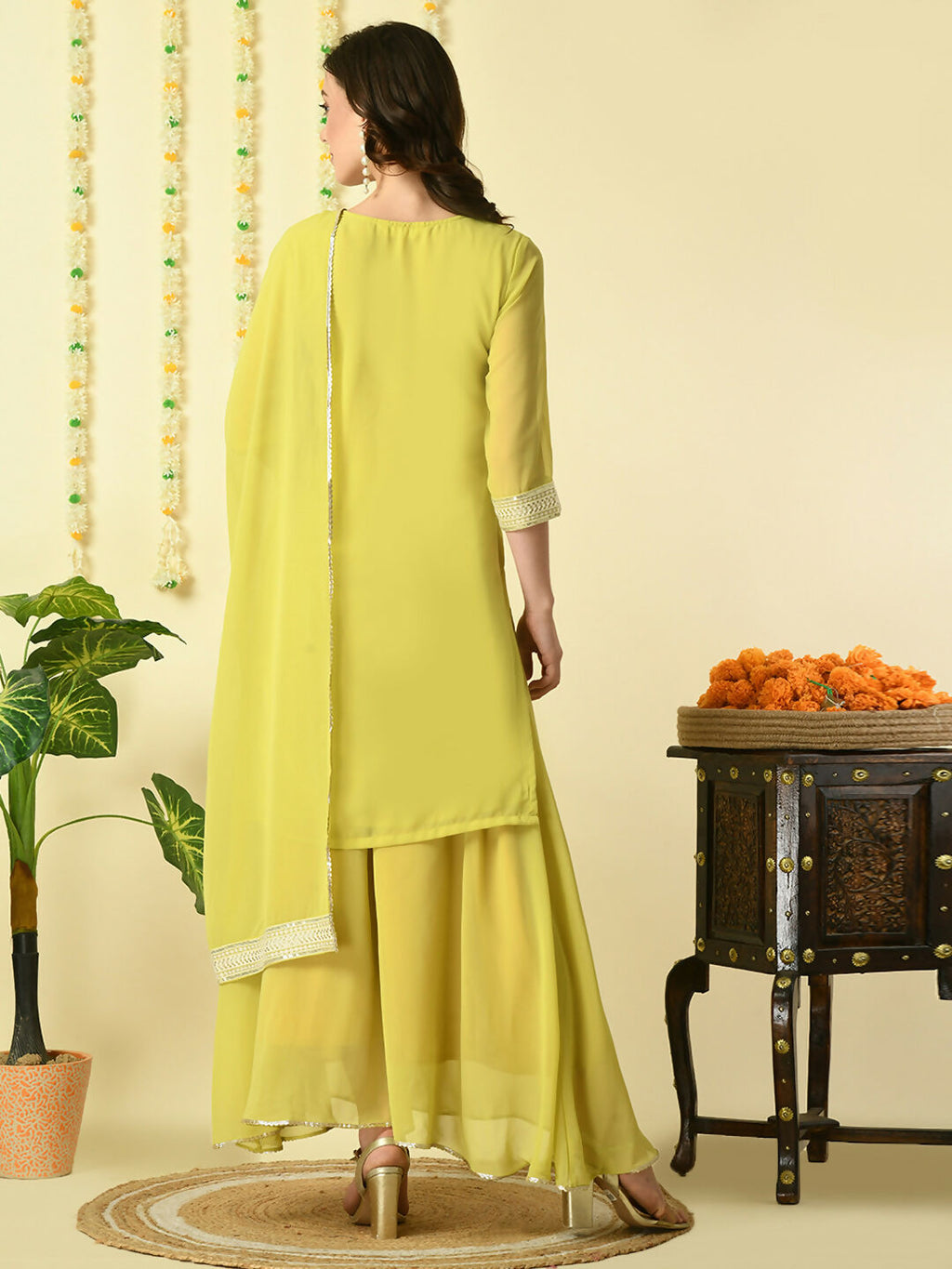 Myshka Women's Yellow Georgette Kurta & Skirt With Dupatta Party Sets