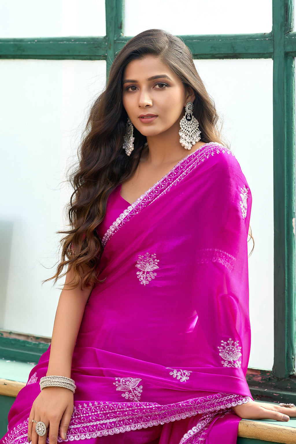 Vastranavya Pink Embroidery Work Shimmer Chiffon Saree with Unstitched Blouse - Distacart