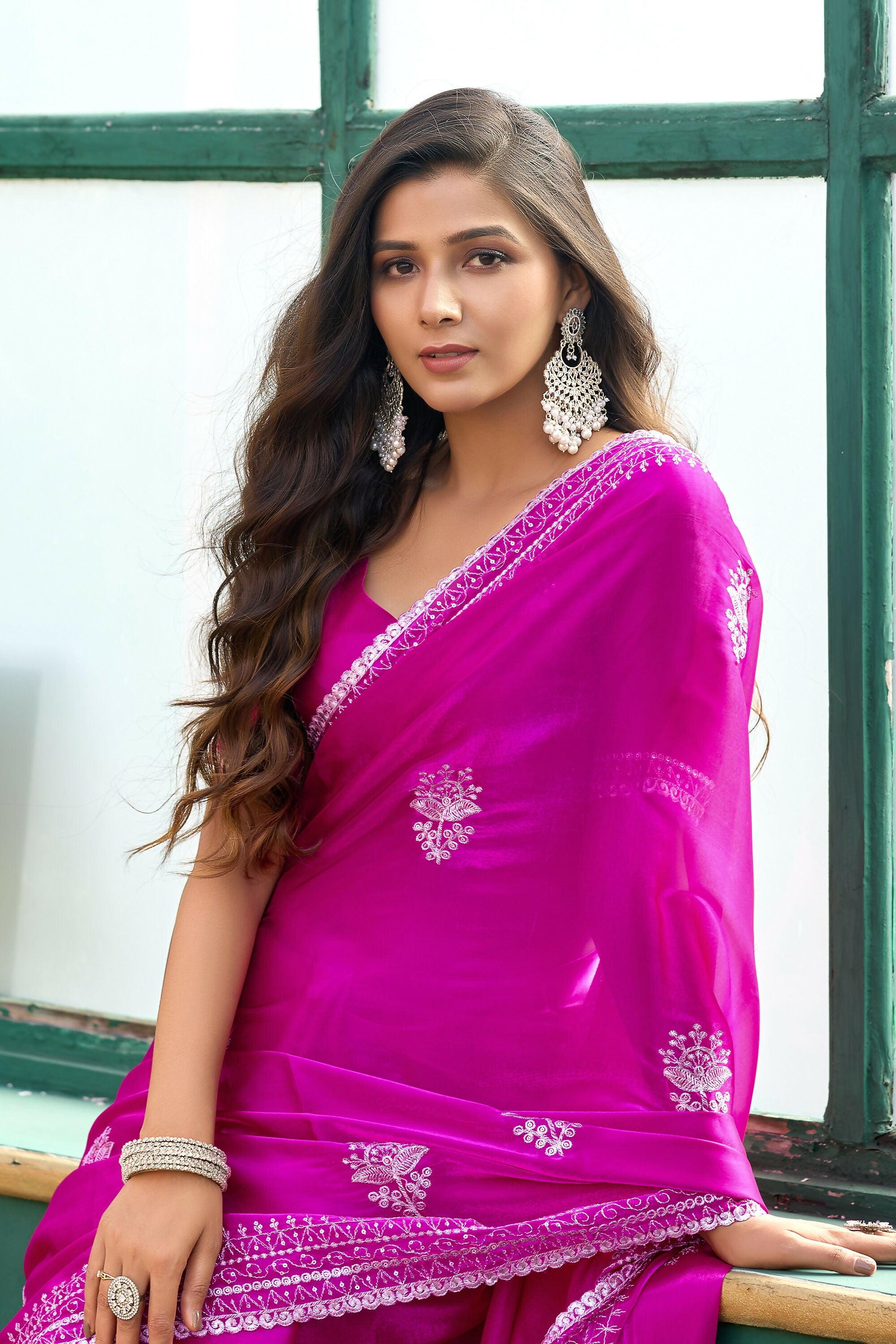 Vastranavya Pink Embroidery Work Shimmer Chiffon Saree with Unstitched Blouse - Distacart