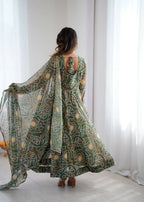 Teeya Creation Green Soft Organza Digital Printed Functional Wear Trending Long Gown - Distacart