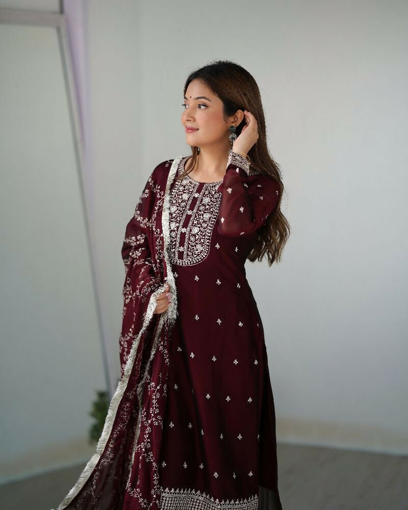 Joban Fashion Wine Kurta Set Silk Sequence Embroidery Work - Distacart