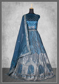 Teal Satin Silk Cord and sequins Floral embroidery Bridal lahenga Choli with Dupatta - Nimaya Pavitra Rista