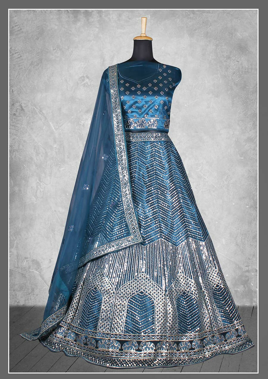 Teal Satin Silk Cord and sequins Floral embroidery Bridal lahenga Choli with Dupatta - Nimaya Pavitra Rista