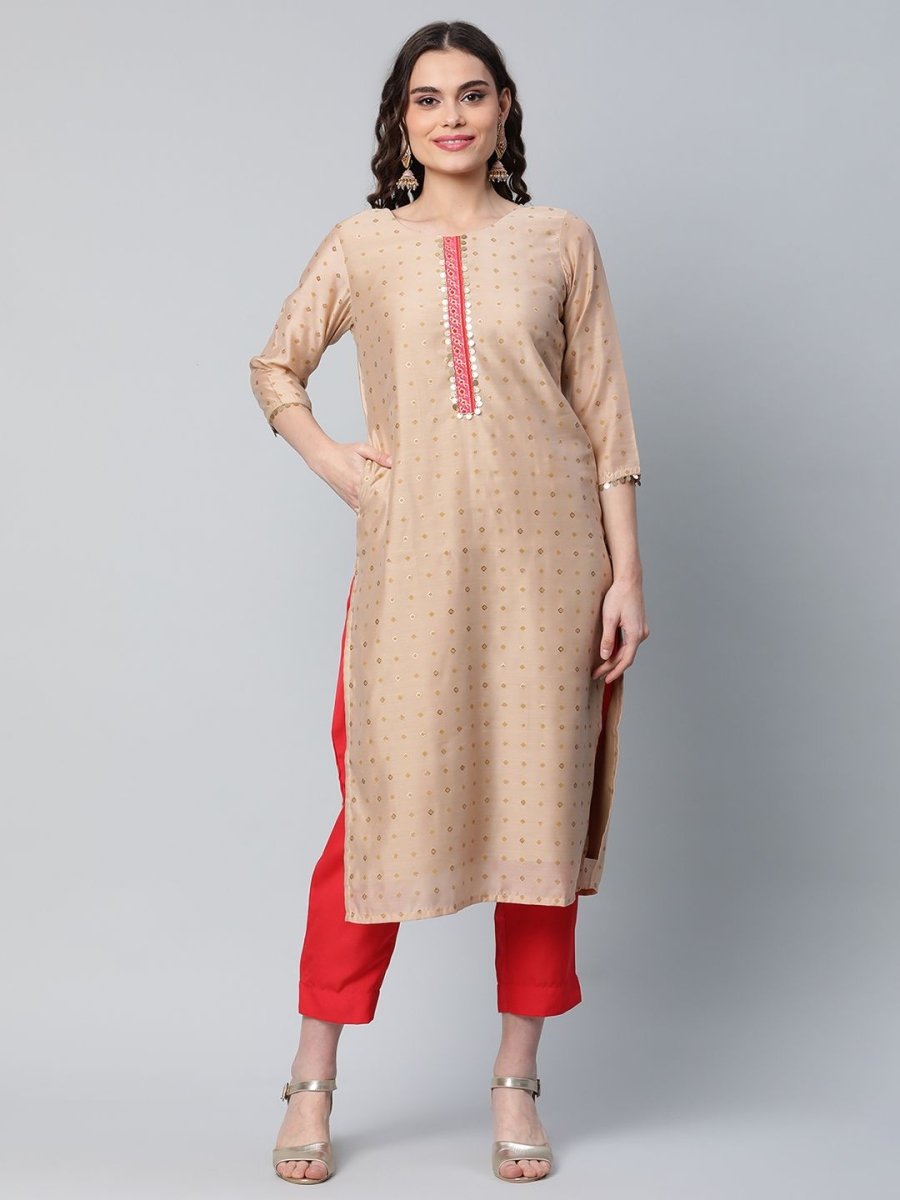 Ahalyaa Women Beige Colour Chanderi Printed Kurta Pant Set - Distacart