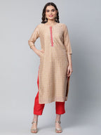 Ahalyaa Women Beige Colour Chanderi Printed Kurta Pant Set - Distacart