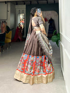 Vastranavya Kalamkari Print With Weaving Border Lehenga with Unstitched Blouse - Brown