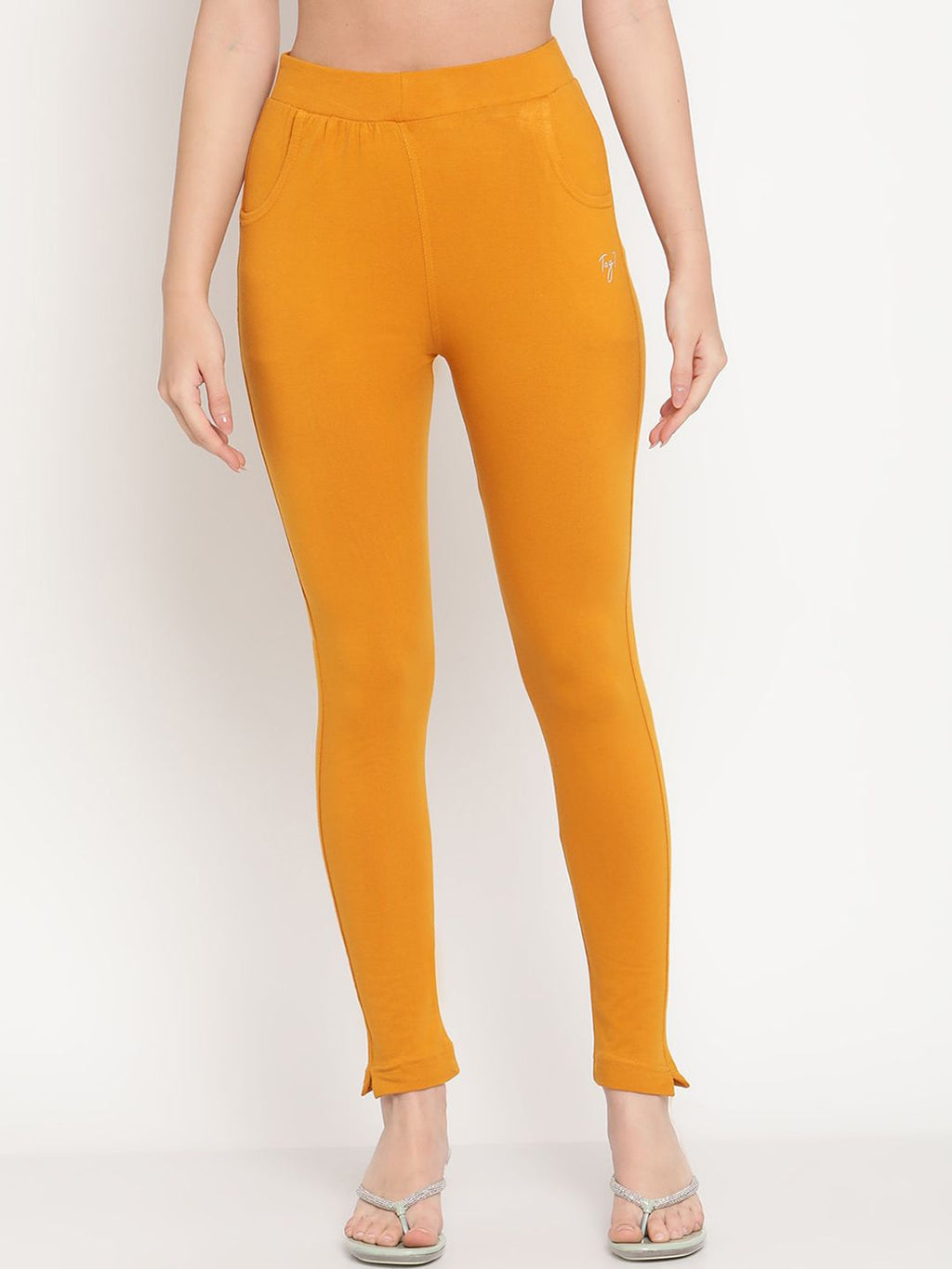 TAG 7 Women Pack of 2 Mustard Yellow & White Solid Leggings