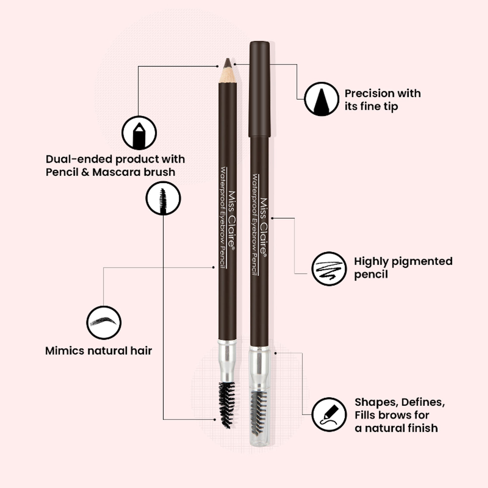 Miss Claire Waterproof Eyebrow Pencil With Mascara Brush - 02 Dark Brown - Distacart