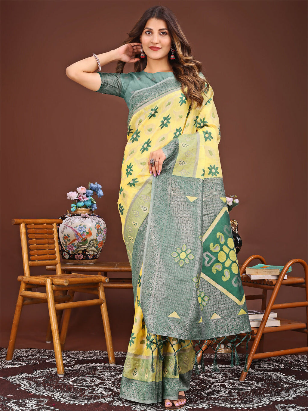 Shree Shyam Fashion Sajni Yellow Linen Cotton Saree