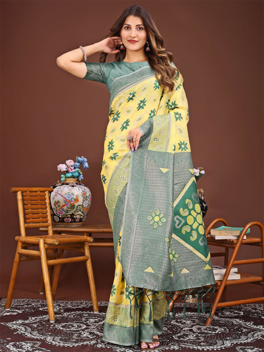 Shree Shyam Fashion Sajni Yellow Linen Cotton Saree