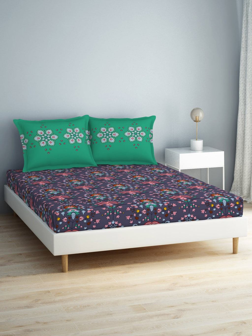 SPACES Aurum Blue Ethnic Motifs Pure Cotton140 TC Queen Bedsheet with 2 Pillow Covers