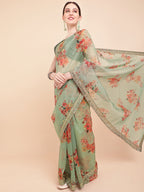 Sangria Olive Green & Red Floral Printed Organza Saree With Sequinned Blouse piece - Distacart