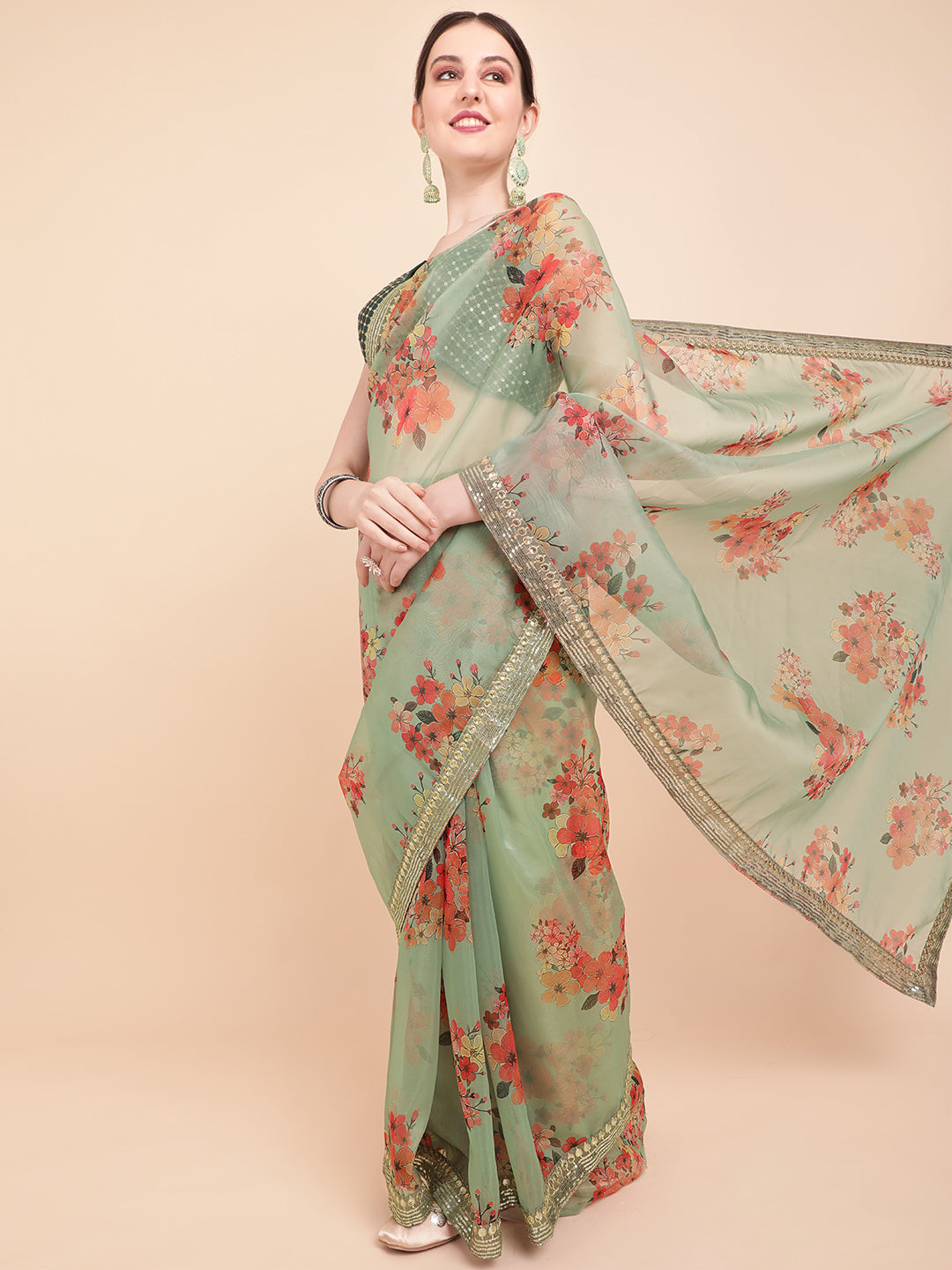 Sangria Olive Green & Red Floral Printed Organza Saree With Sequinned Blouse piece - Distacart