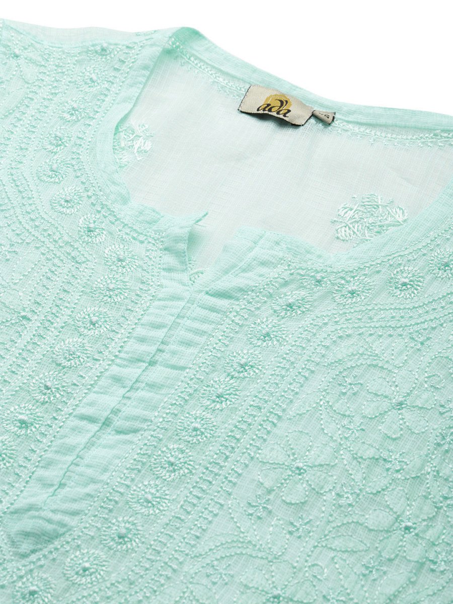 ADA Women Sea Green Chikankari Hand Embroidered Straight Kota Handloom Kurta With Matching Slip