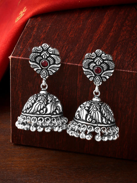 Yellow Chimes Silver-Plated Kolhapuri Peacock Design Jhumkas Earrings