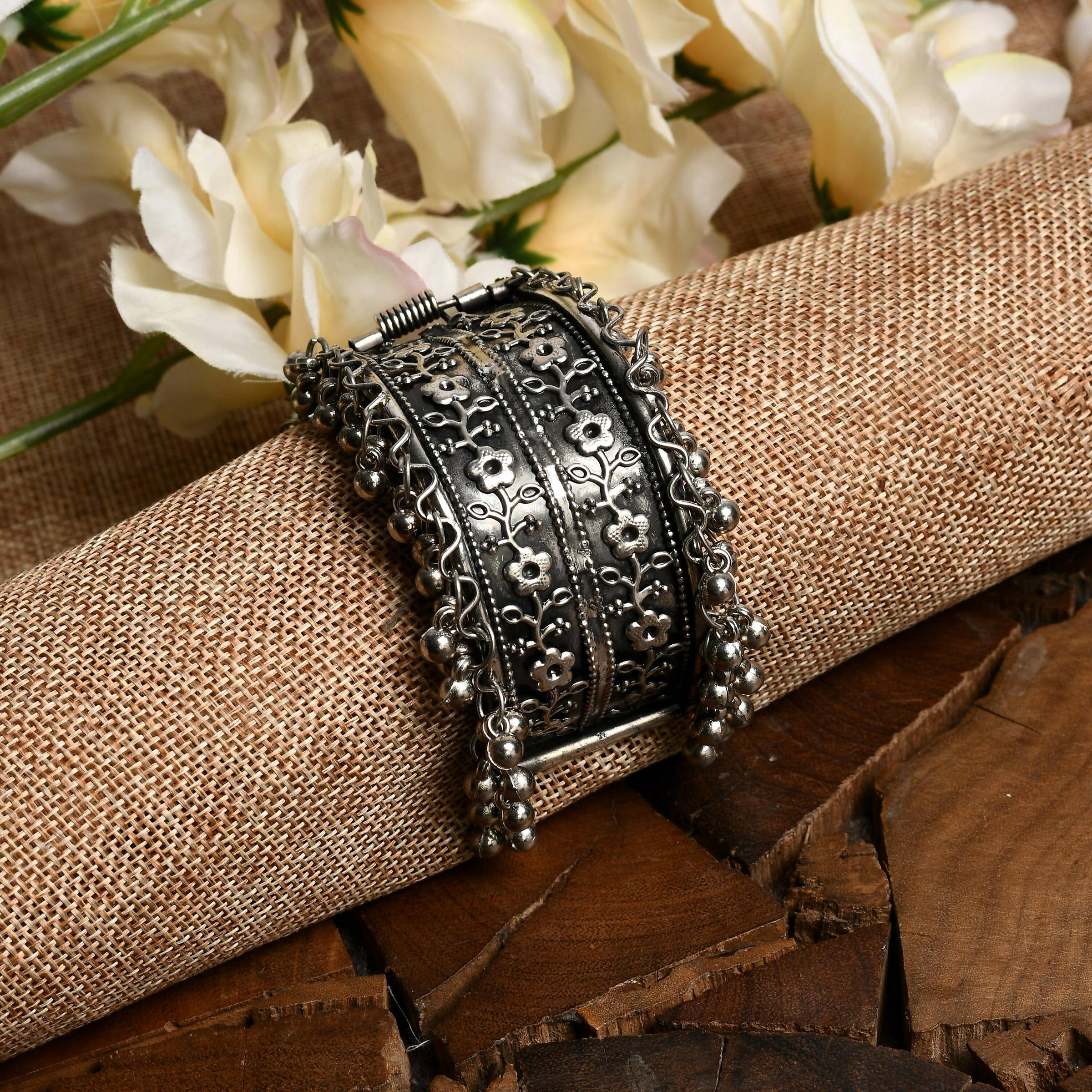 Mominos Fashion Joharkamal Oxidised Silver-Plated Ghungroo Handcraft Bracelet - Design 021