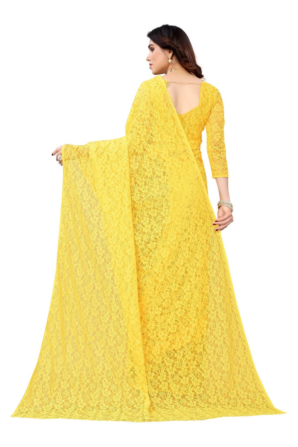 Vamika Ethnic Fire Yellow Pearls Net Saree