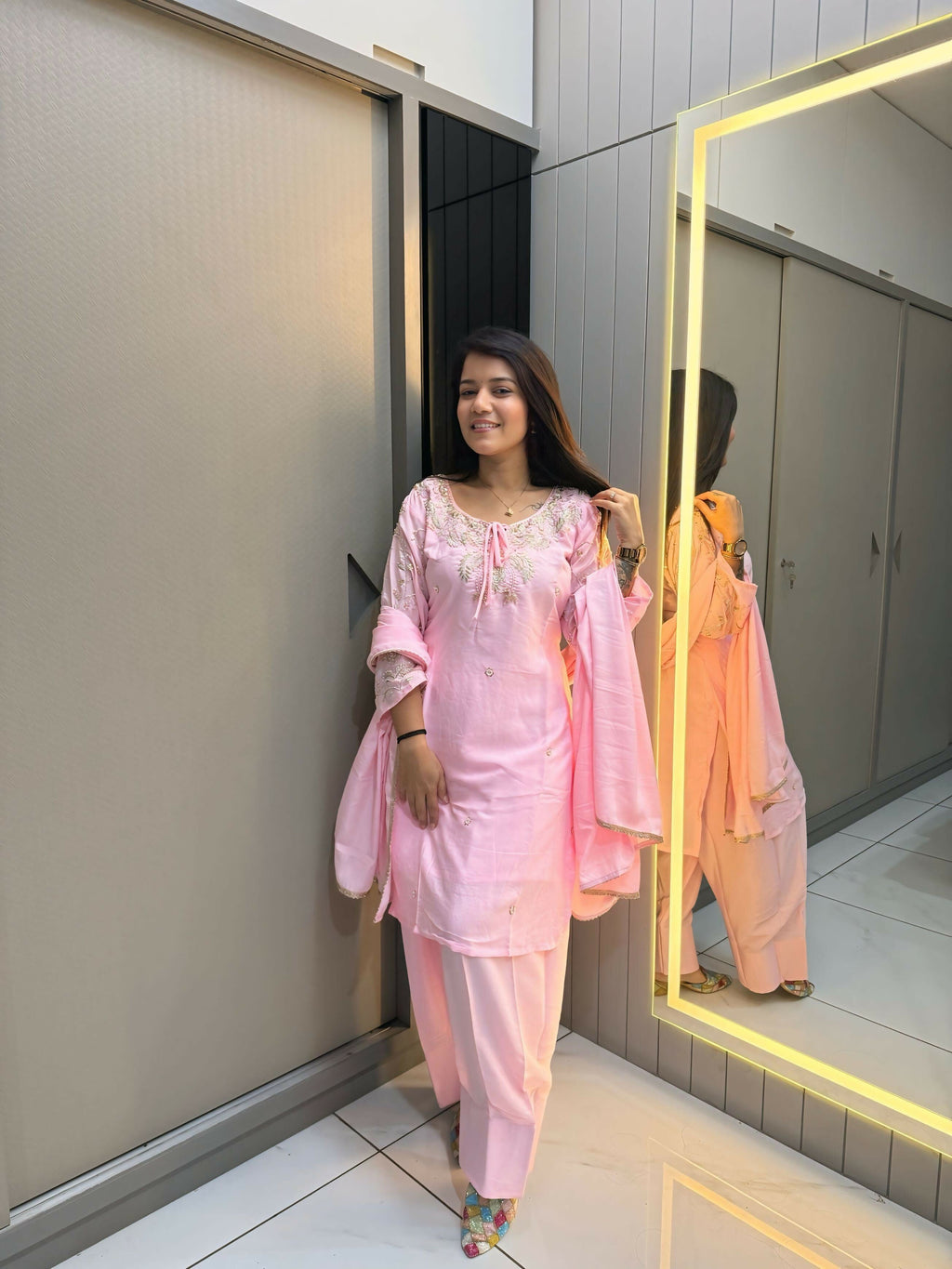Anaita Baby Pink Crape Readymade Kurti Set with Beads Sequence Work - Distacart