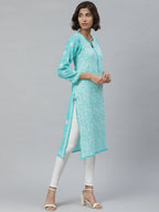 ADA Women Sea Green & White Floral Chikankari Embroidered Straight Sustainable Handloom Kurta