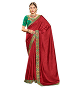 Red Solid Vichitra Saree With Unstitched Blouse Piece - Selena