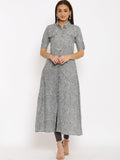 HERE&NOW Grey Shirt Collar Chevron Printed Roll Up Sleeves A-Line Kurta