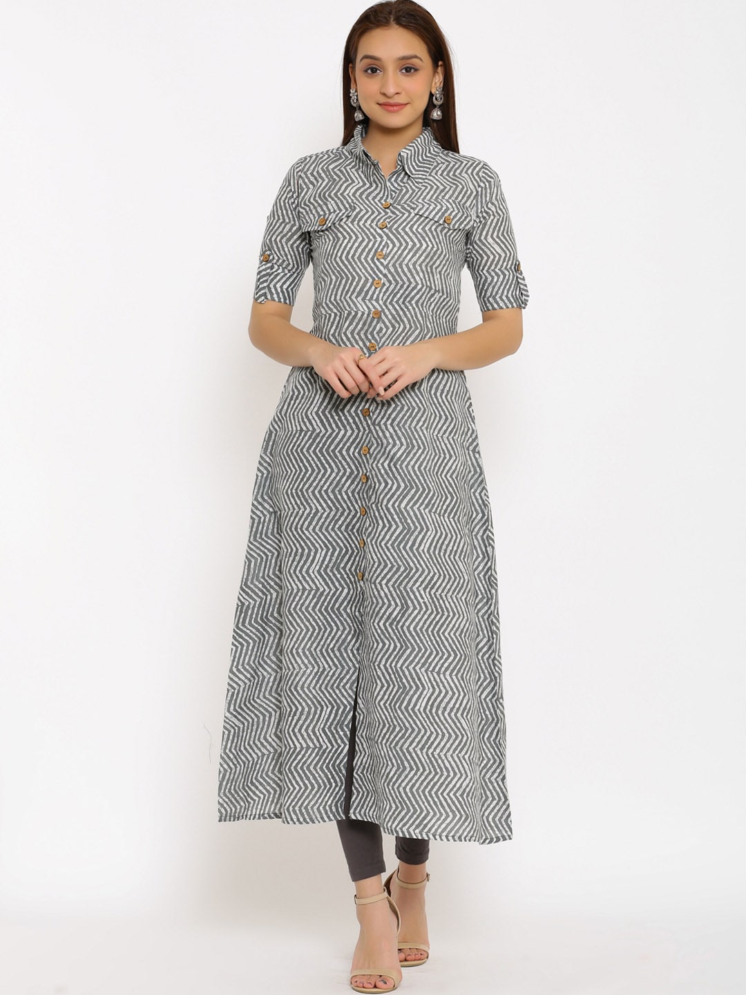 HERE&NOW Grey Shirt Collar Chevron Printed Roll Up Sleeves A-Line Kurta