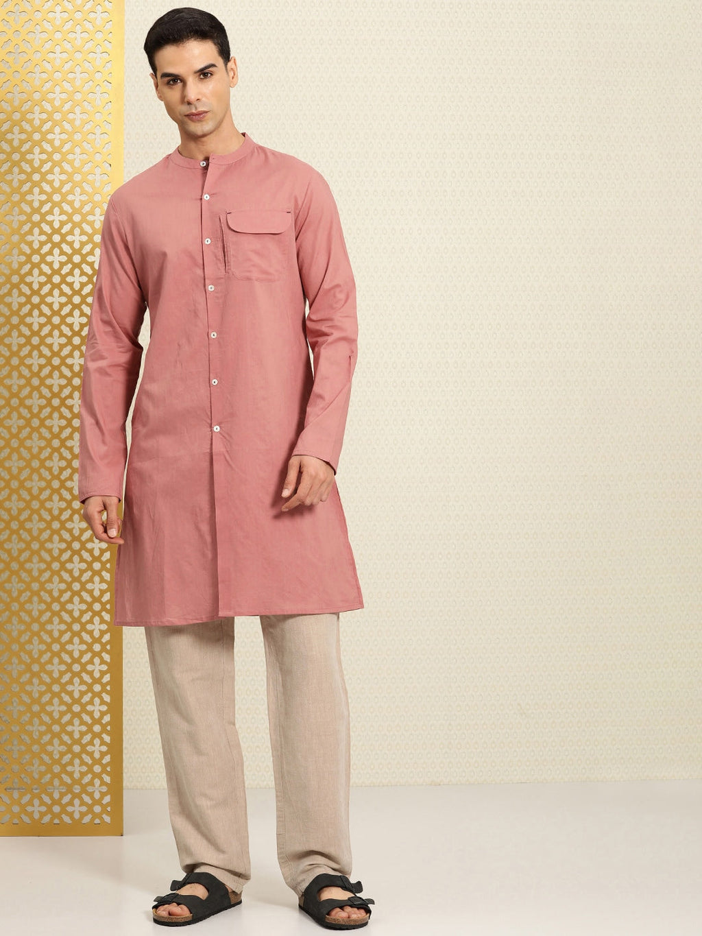 House of Pataudi Rozana Band Collar Pure Cotton Kurta