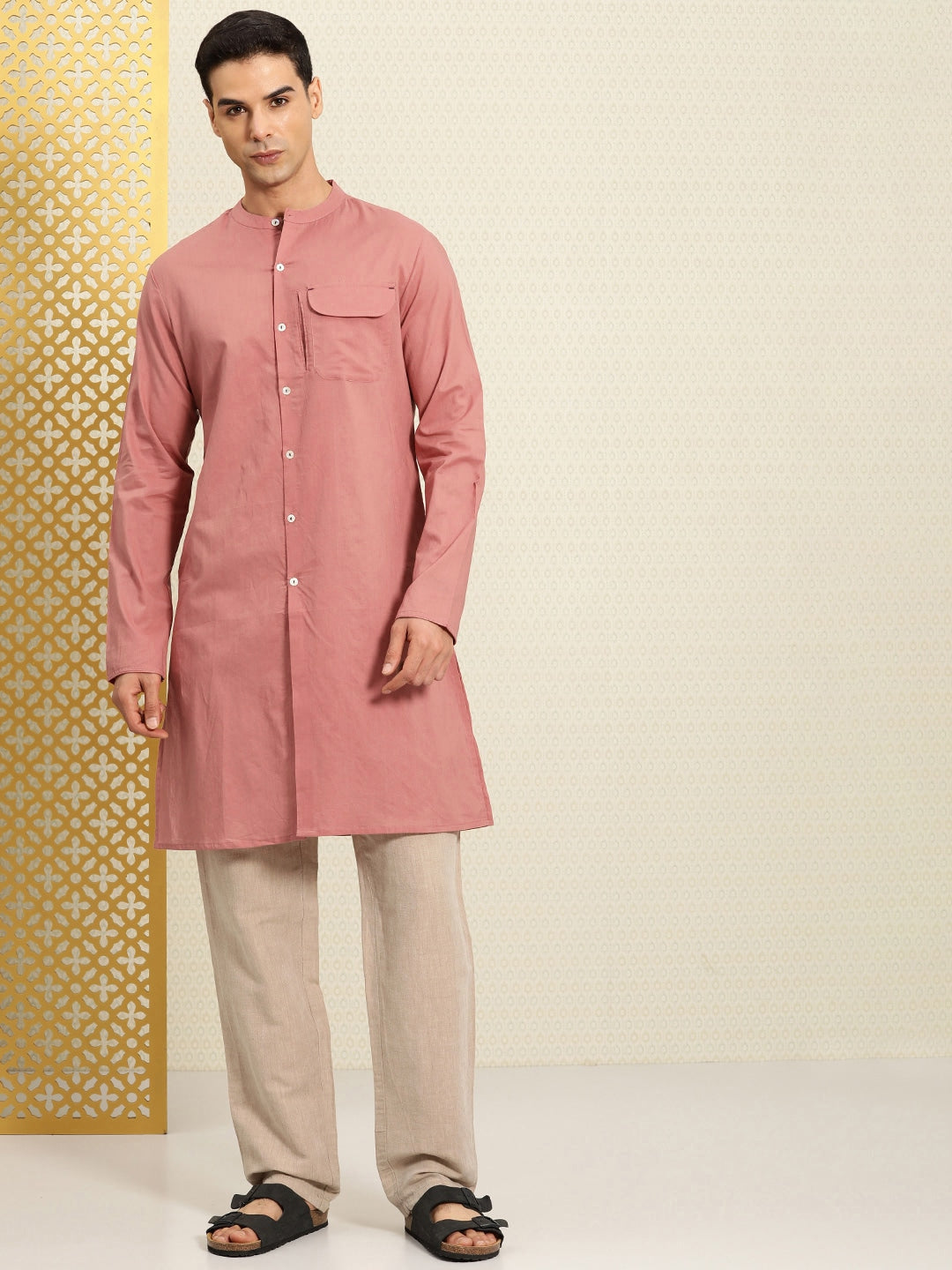 House of Pataudi Rozana Band Collar Pure Cotton Kurta