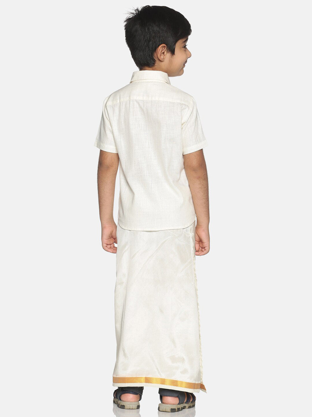 Sethukrishna Boys Cream-Coloured Solid Shirt with Veshti Set