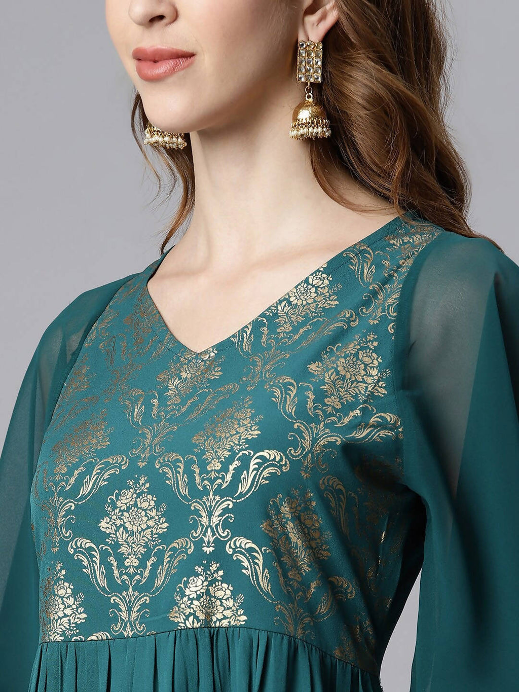 Janasya Teal Yoke Design Flared Sleeves Crepe Anarkali Kurta - Distacart