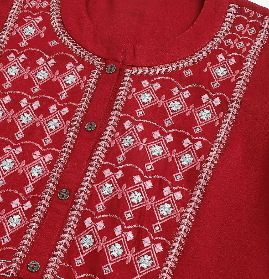 Red Rayon Yoke Embroidered A-line Top - Tarini