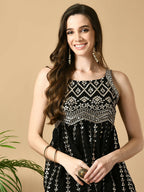 Myshka Women's Black Georgette Top With Skirt Party Sets