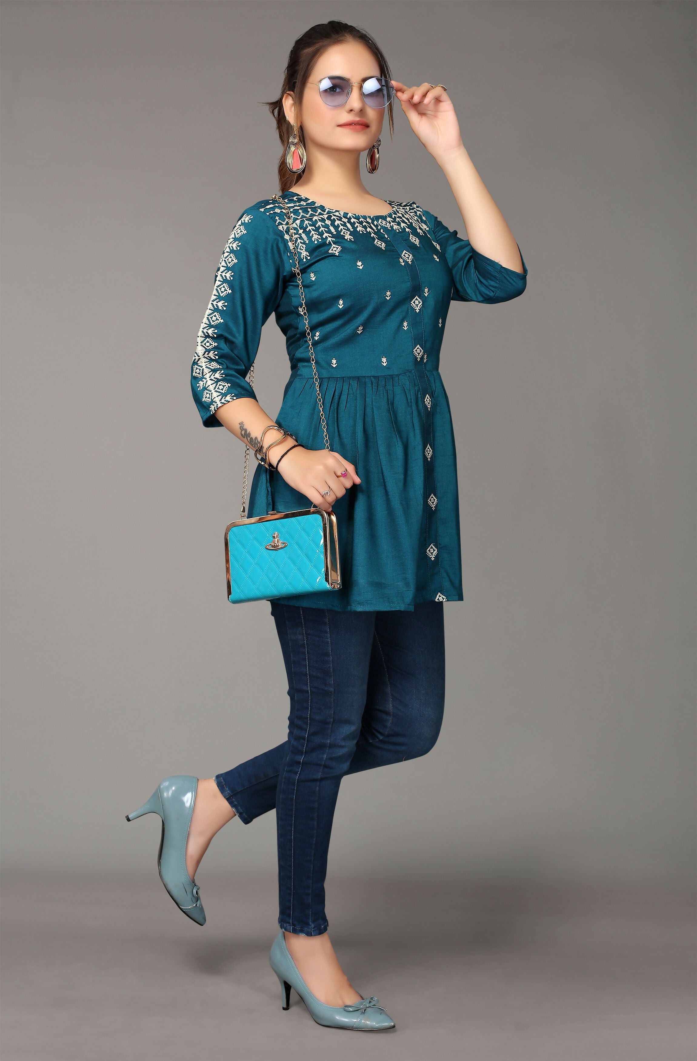 Women's Teal Viscose blend Embroidered Short Top - Marina