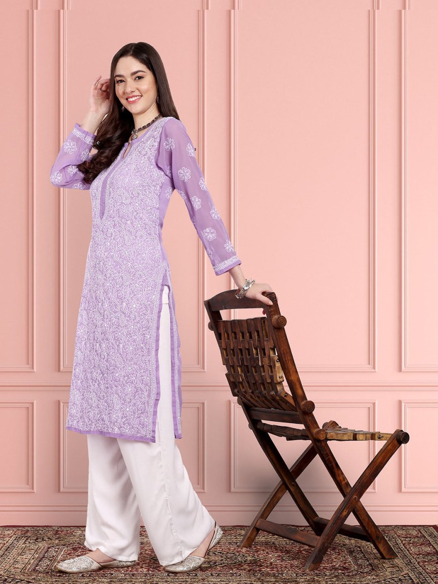 ADA Women Purple & White Ethnic Motifs Embroidered Chikankari Georgette Kurta