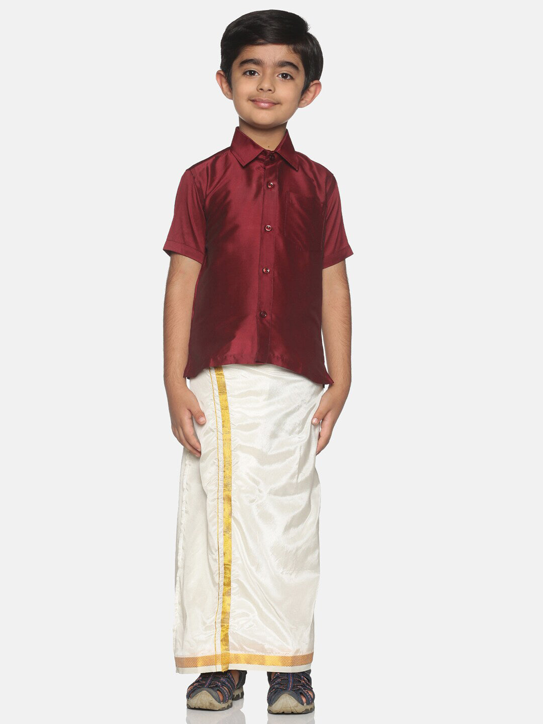 Sethukrishna Boys Maroon & White Solid Shirt and Veshti Set