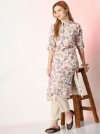 Sangria Off White Floral Printed Mandarin Collar Cotton A-Line Kurta - Distacart