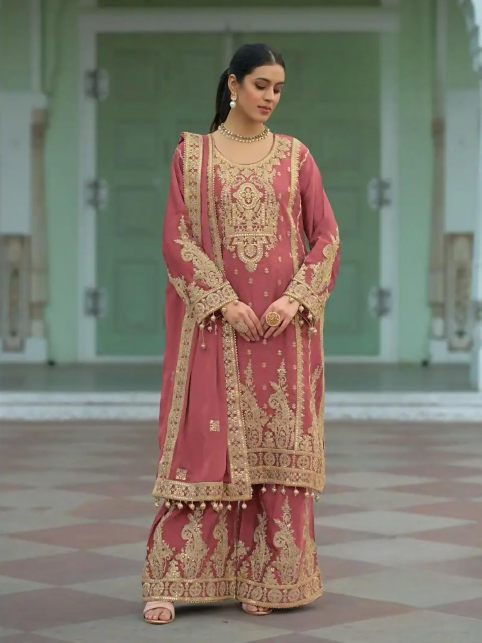 Anaita Coral Heavy Chinon Readymade Palazzo Suit with Heavy Embroidery Work - Distacart