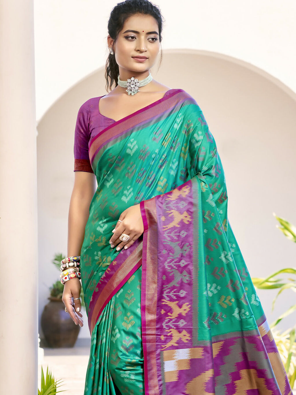 Shree Shyam Fashion Pochampalli Silk Rama Green Saree - Distacart