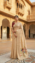 Vastranavya Cream Muga Cotton Meenakari & Munia Weaving Pallu Saree with Contrast Blouse - Distacart
